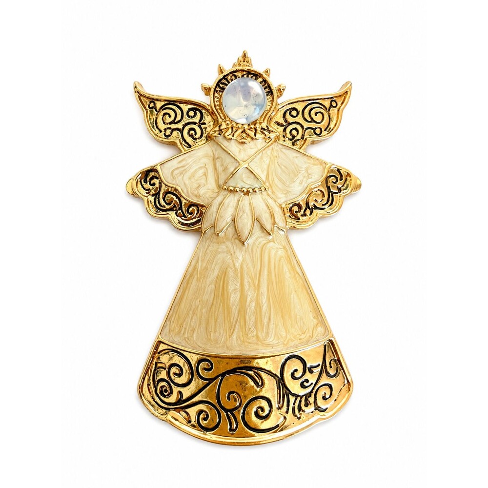 Gold Tone Angel Brooch Ivory Enamel Scroll Design Blue Cabochon Statement Pin